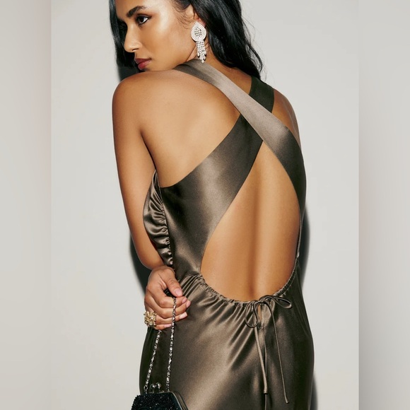 NEW Reformation Backless Satin Dress in Olive - Picture 7 of 13